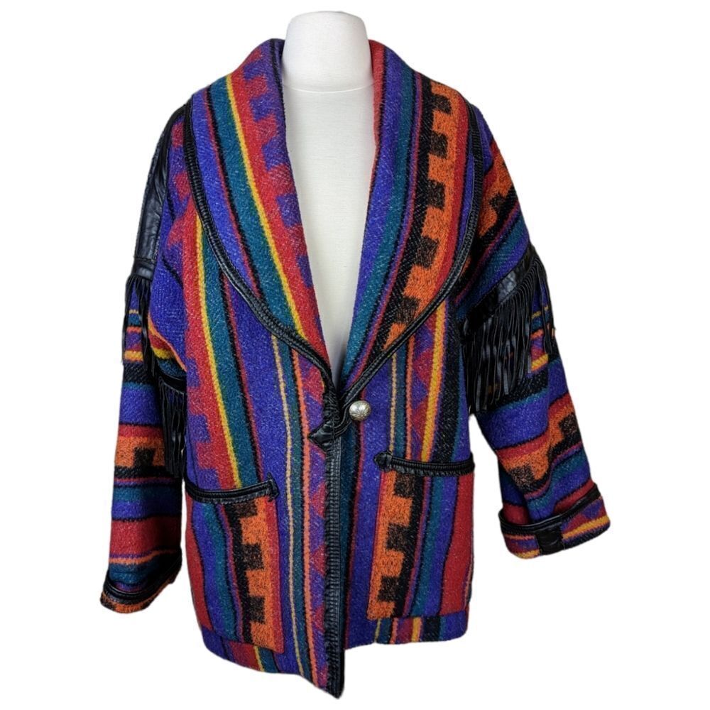 Vintage 70s Pioneer Wear Southwestern Blanket Coat Leather Fringe Rare Small